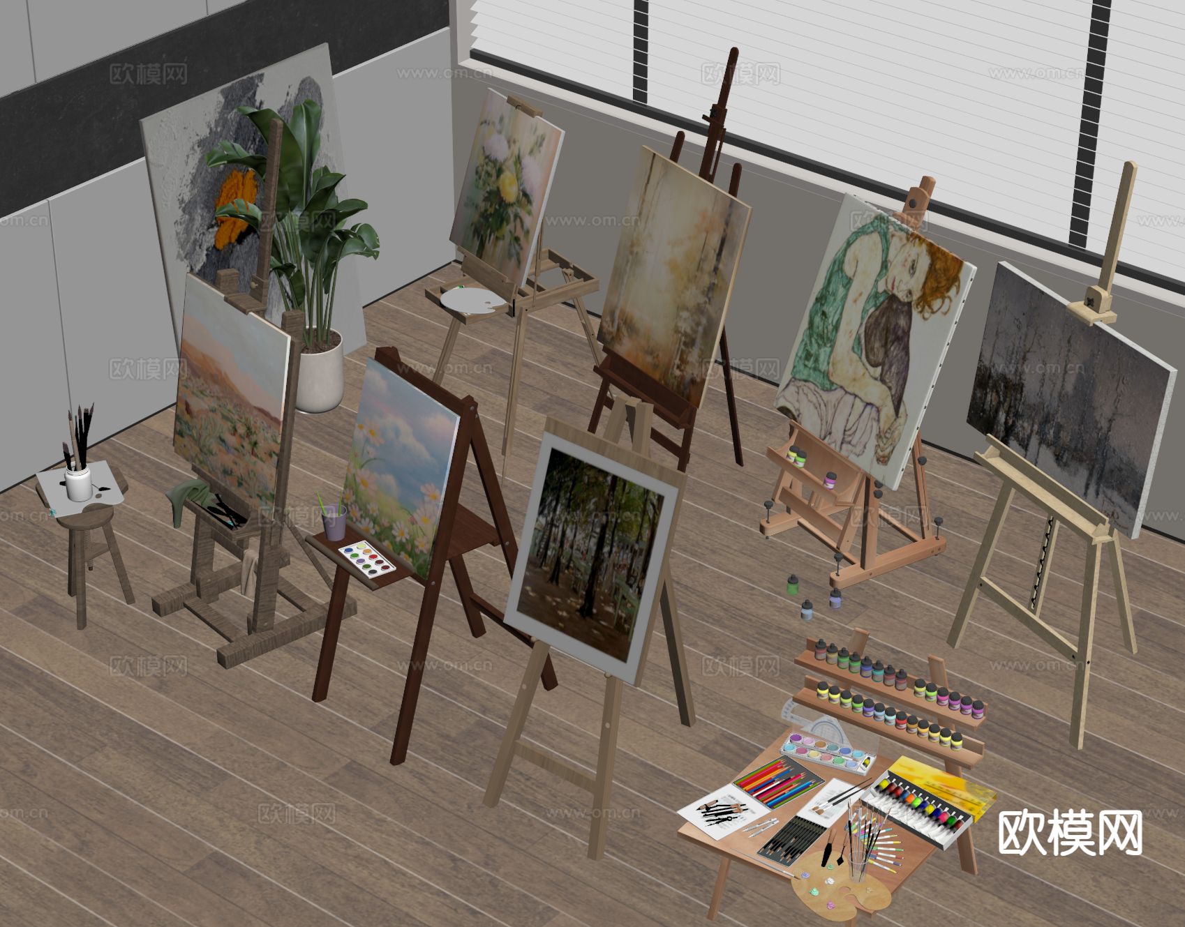 现代画架 绘画工具架 颜料su模型下载（渲染图1）