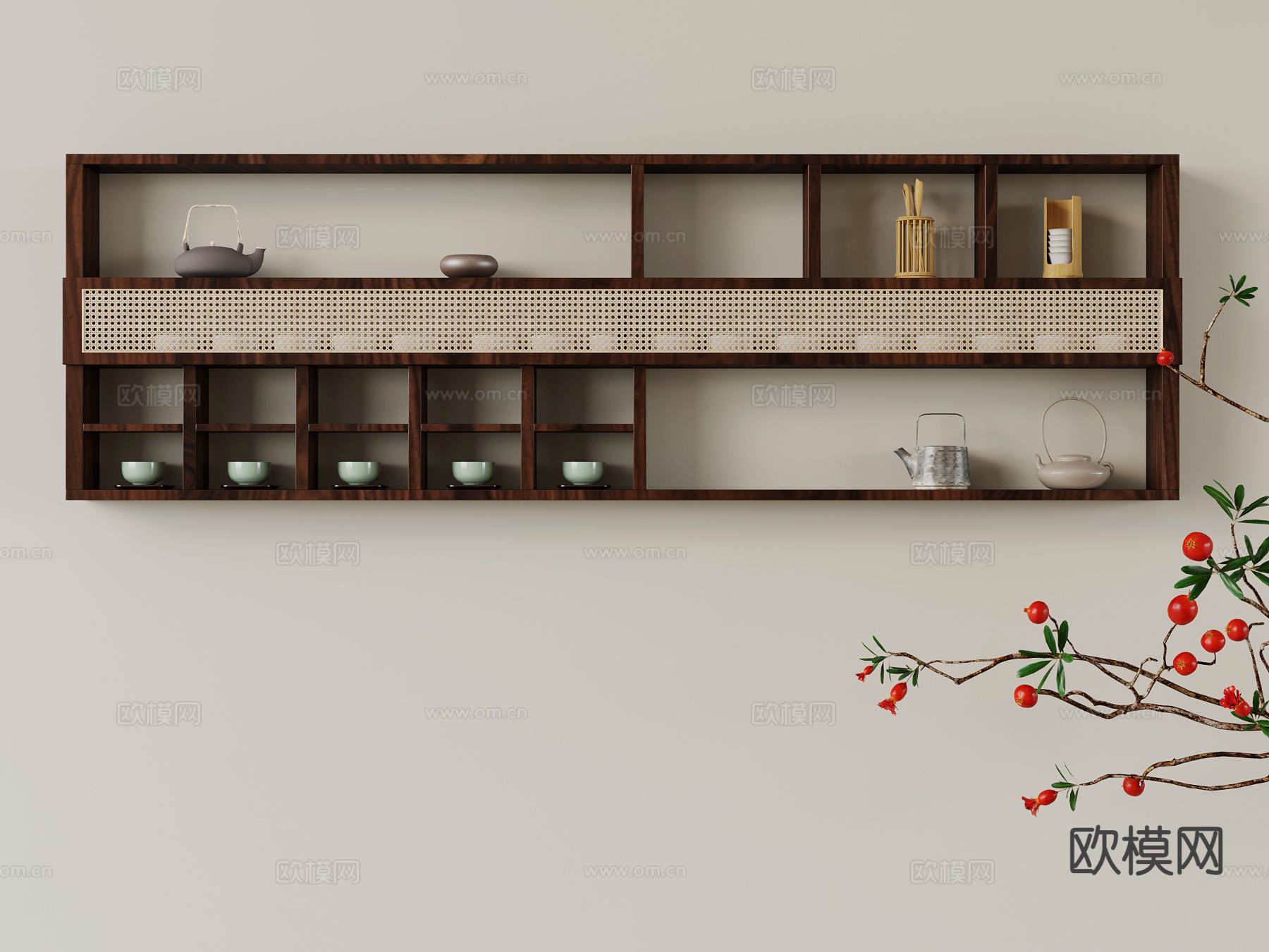 新中式茶柜 壁挂柜su模型下载（渲染图2）