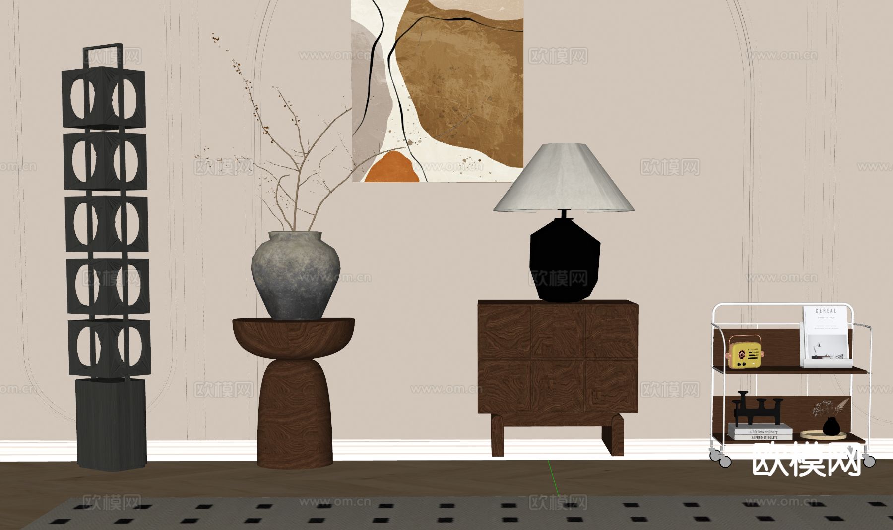 中古风床头柜su模型下载（渲染图1）