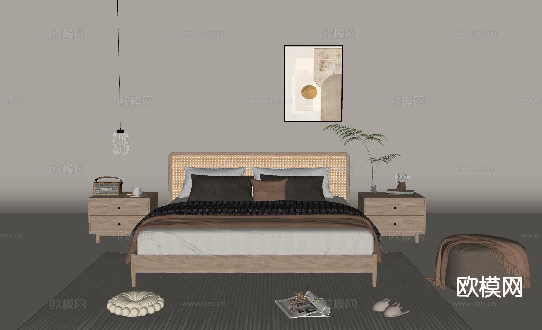 侘寂双人床su模型下载（渲染图1）