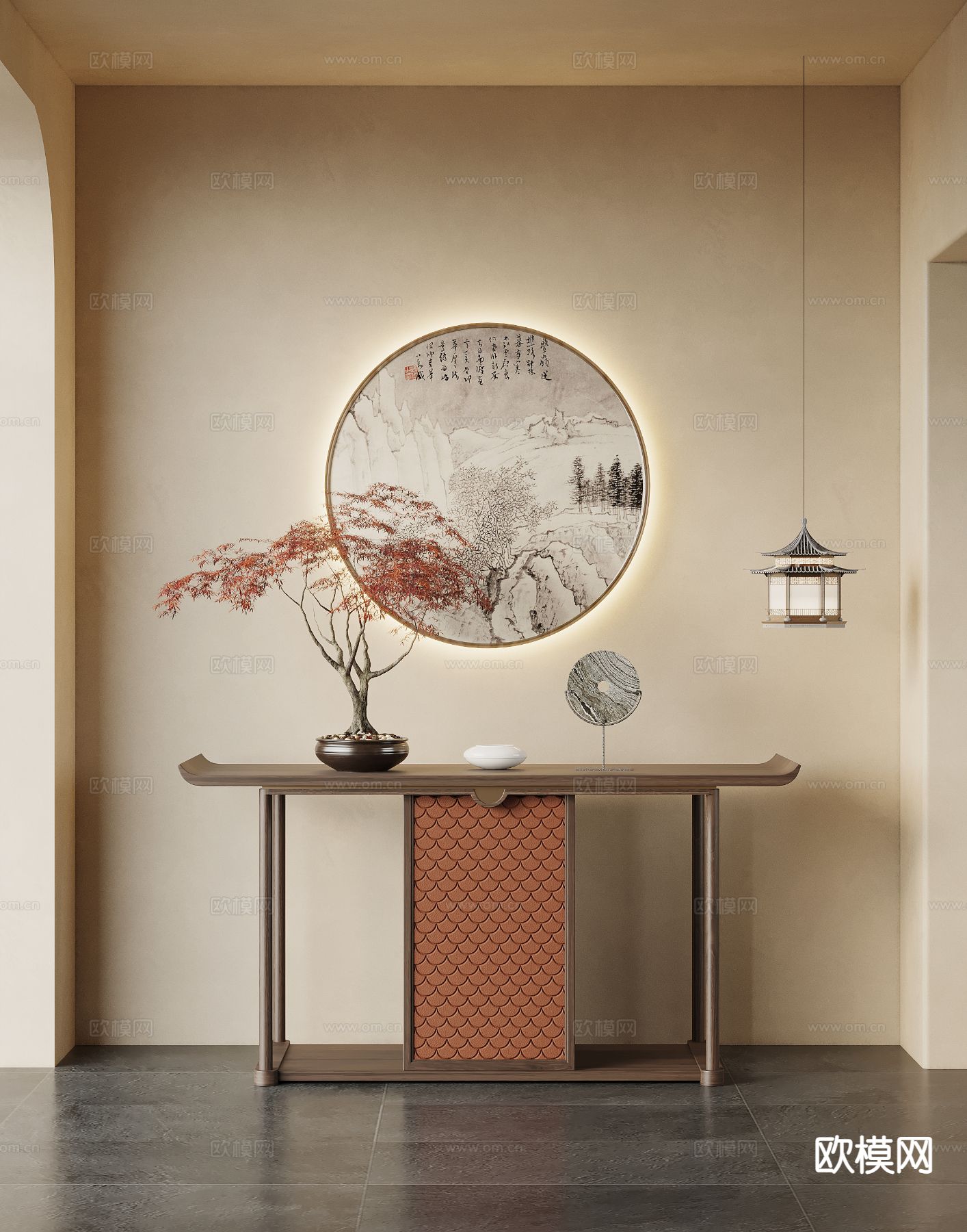 新中式端景台 条案3d模型下载