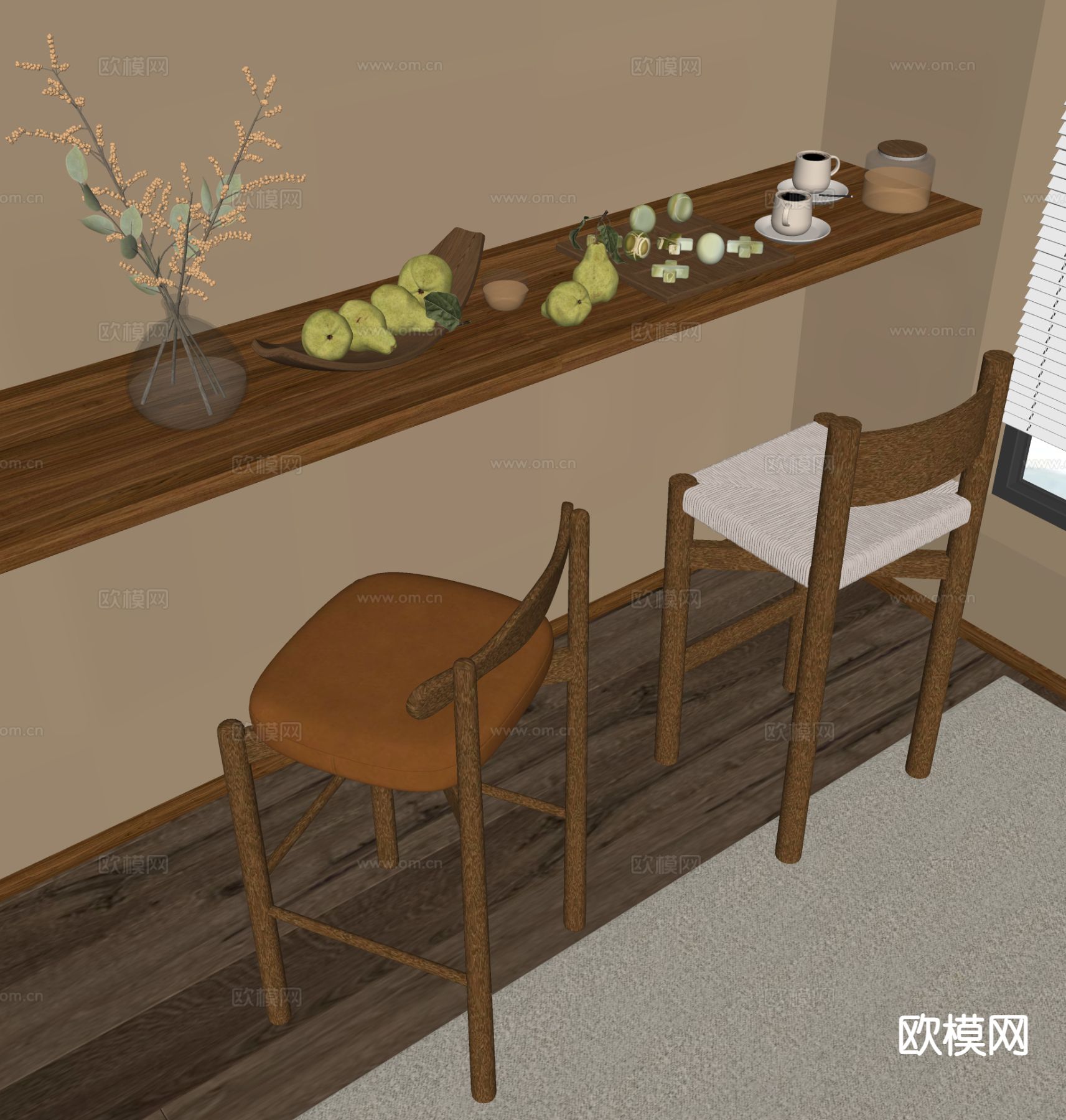 侘寂风吧台 吧椅su模型下载（渲染图1）