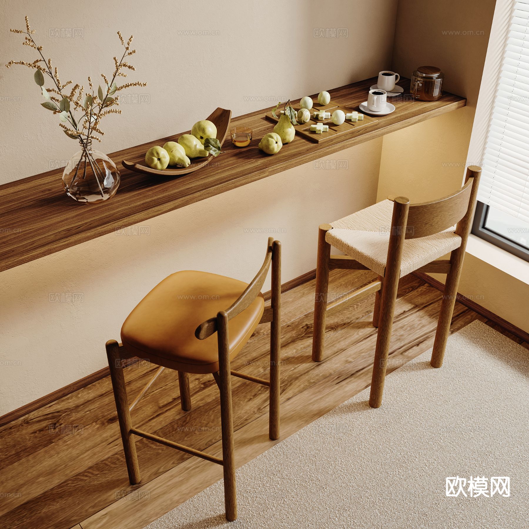 侘寂风吧台 吧椅su模型下载（渲染图2）
