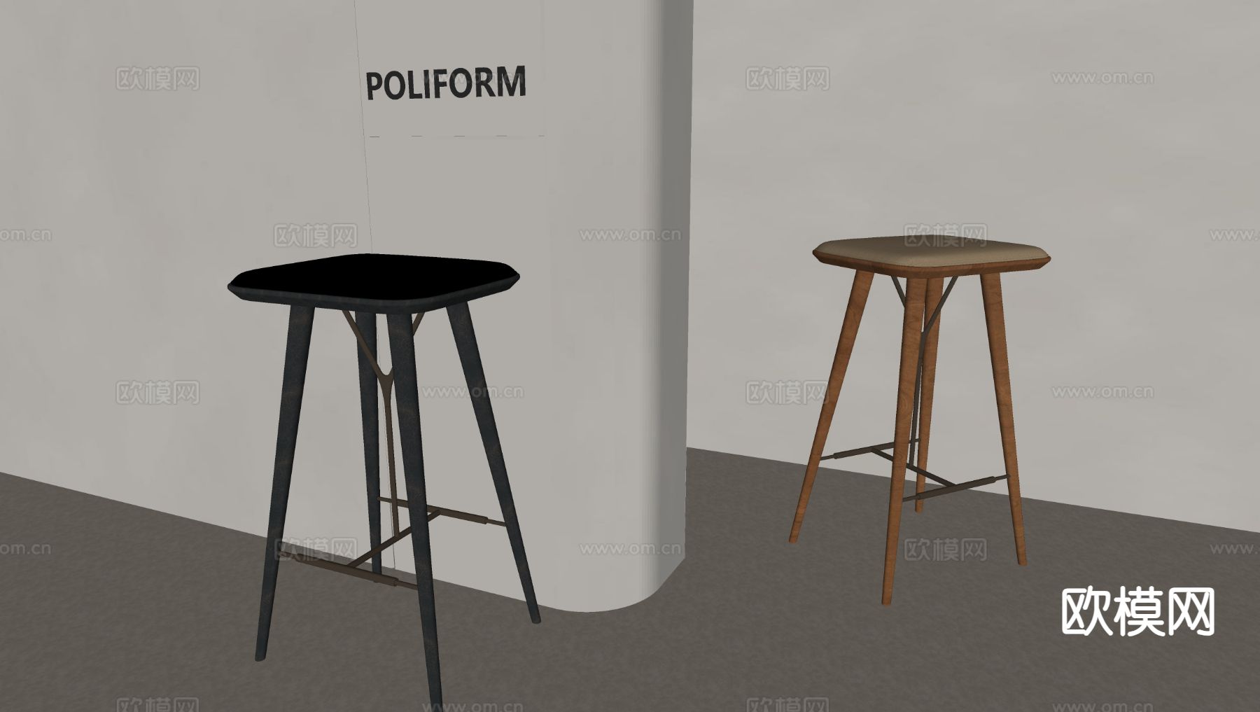 中古风吧台凳su模型下载（渲染图1）