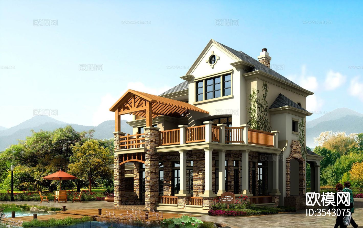 三层别墅外观cad施工图下载（渲染图1）