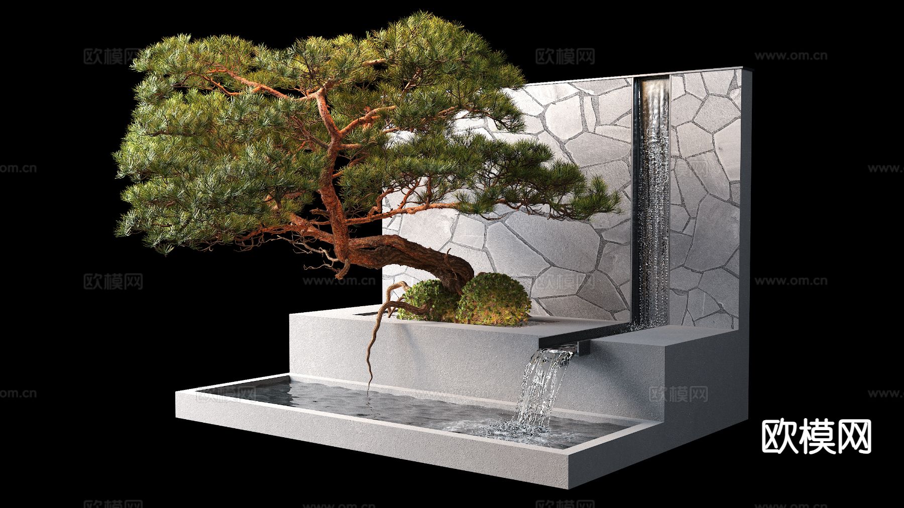 户外流水小品 盆栽 松树 水景3d模型