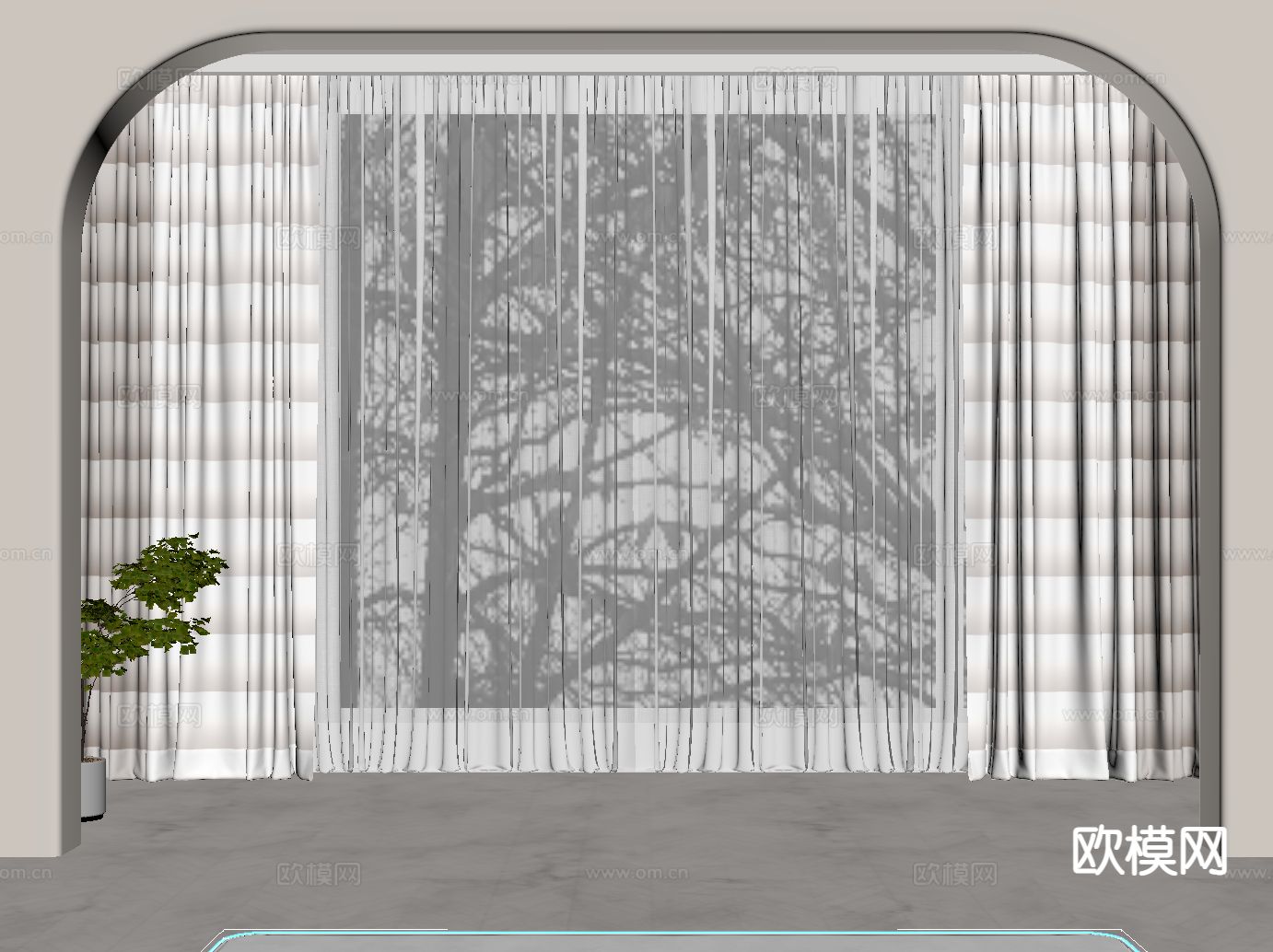 奶油风窗帘 纱帘 窗纱su模型下载（渲染图1）