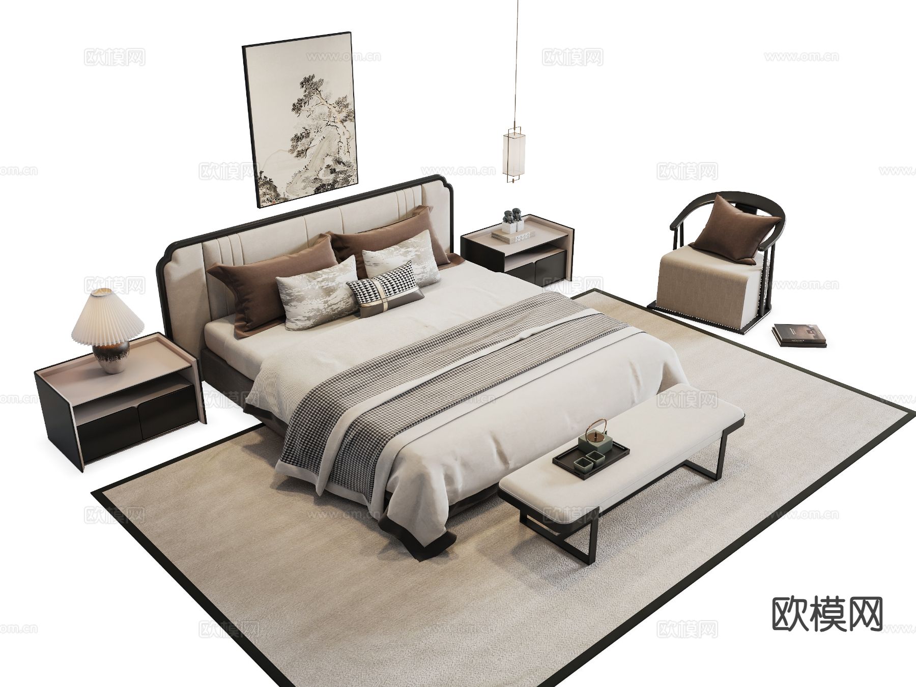 新中式双人床3d模型下载