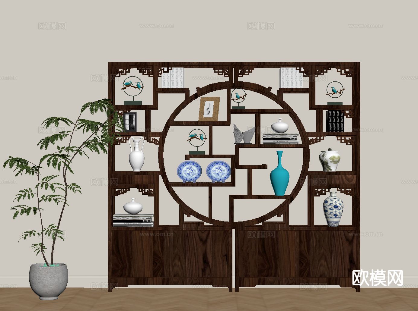 新中式博古架su模型下载（渲染图1）