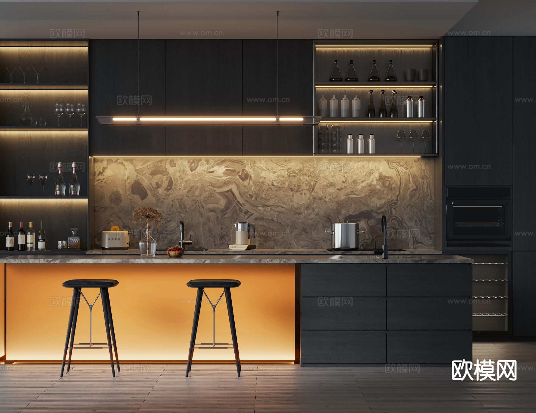 现代开放式厨房3d模型下载（渲染图1）