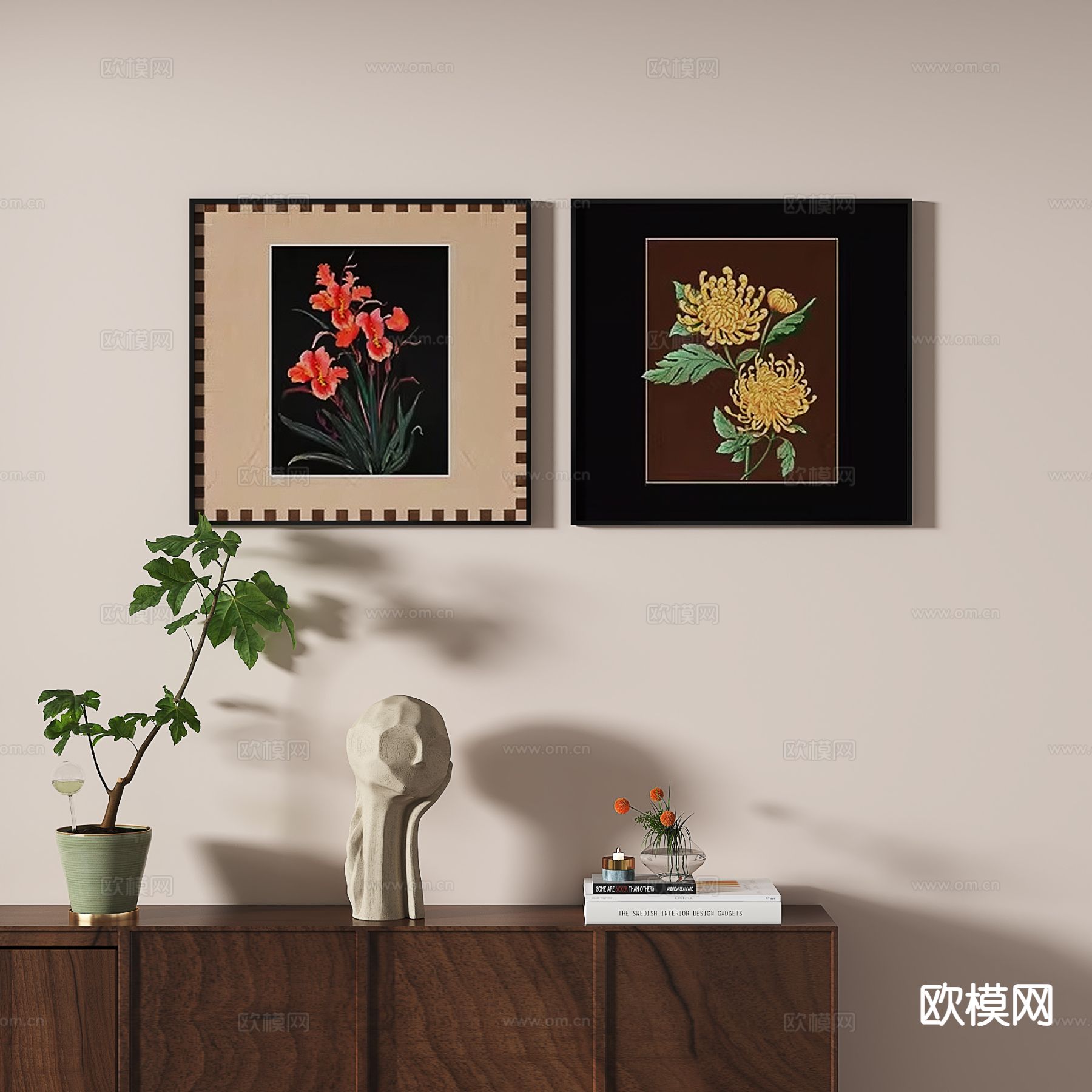 中古风艺术画 花卉画 装饰画3d模型