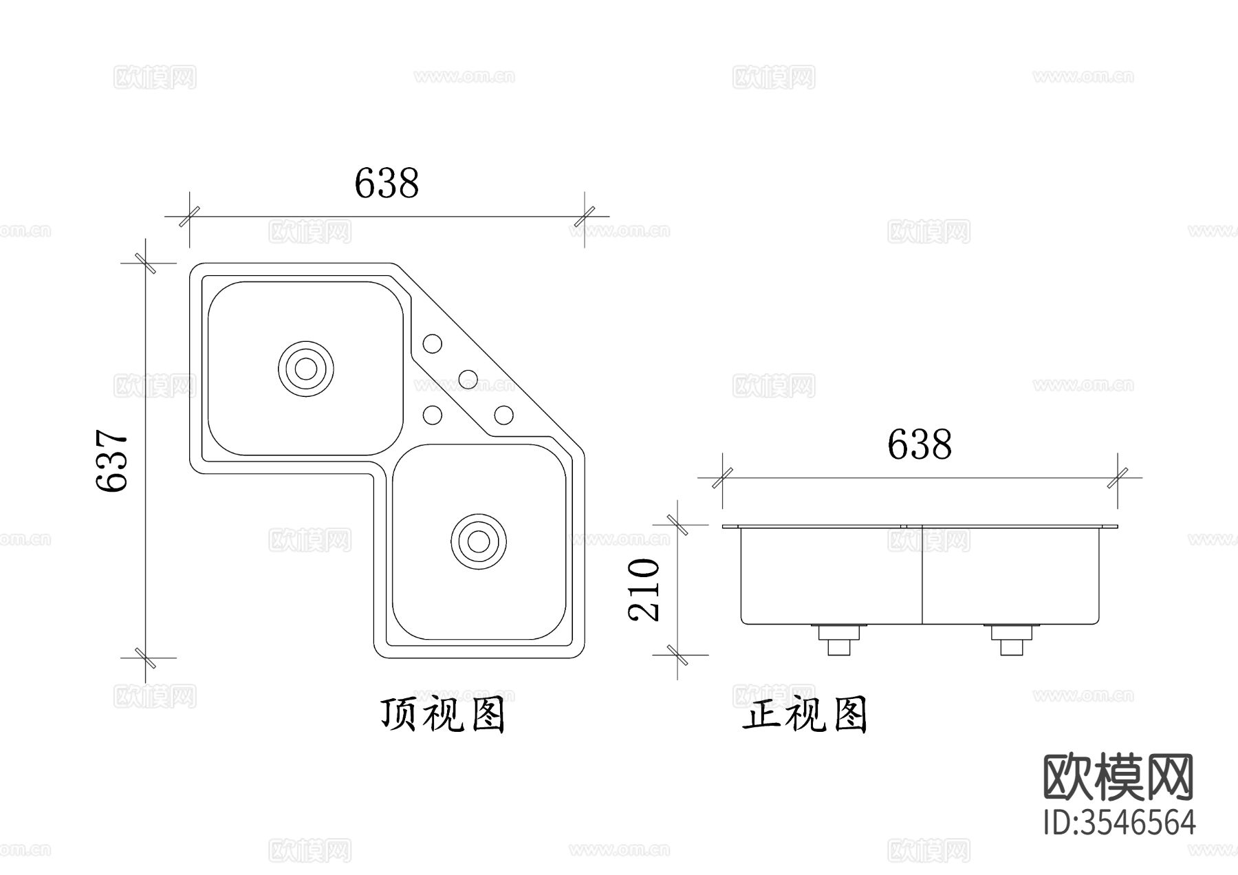 钢质转角厨房水槽平立面图cad大样图下载