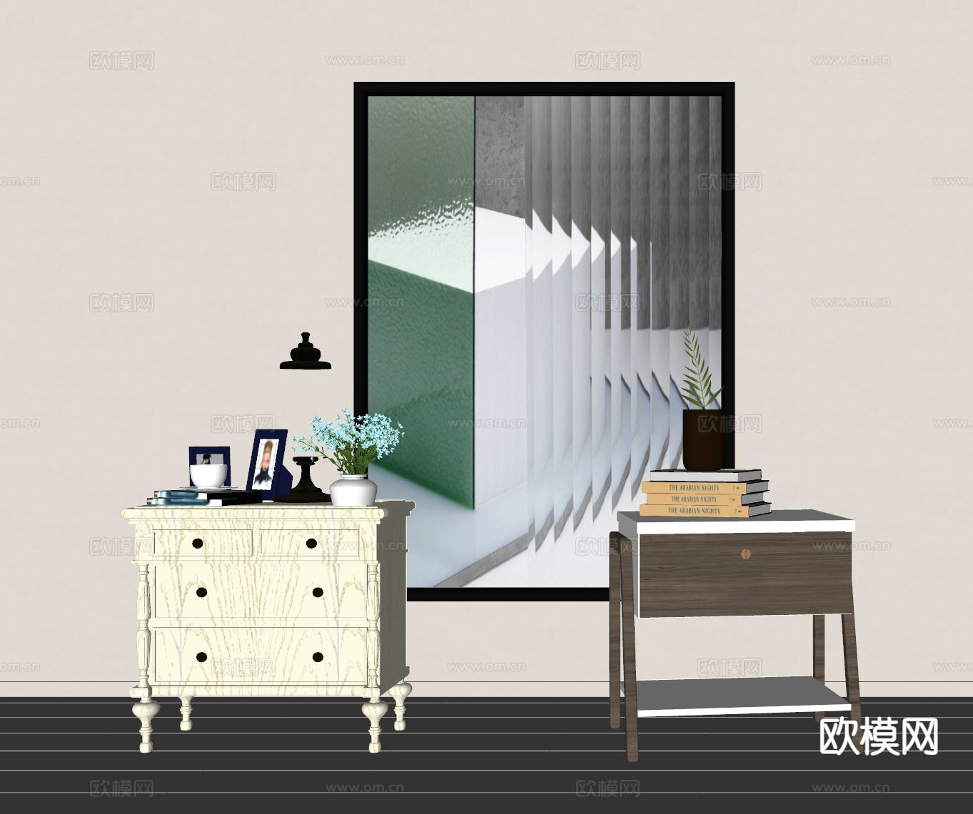 简欧床头柜su模型下载（渲染图1）