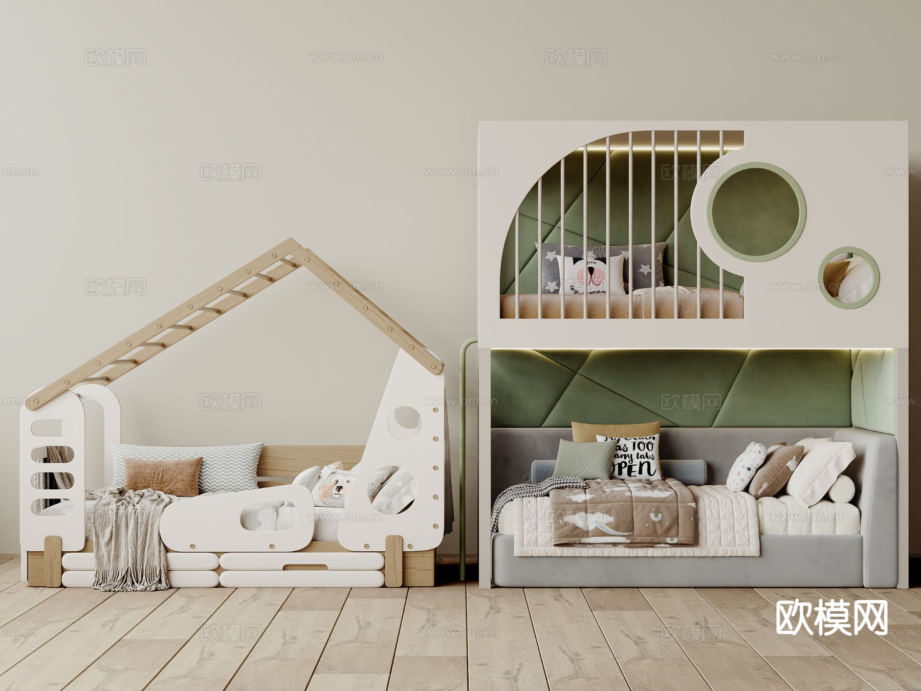 现代儿童床su模型下载（渲染图2）