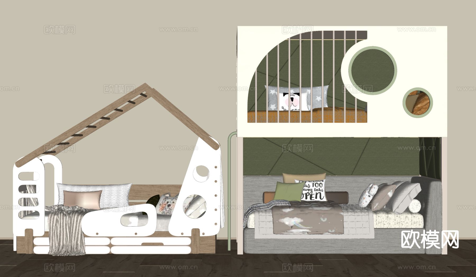 现代儿童床su模型下载（渲染图1）