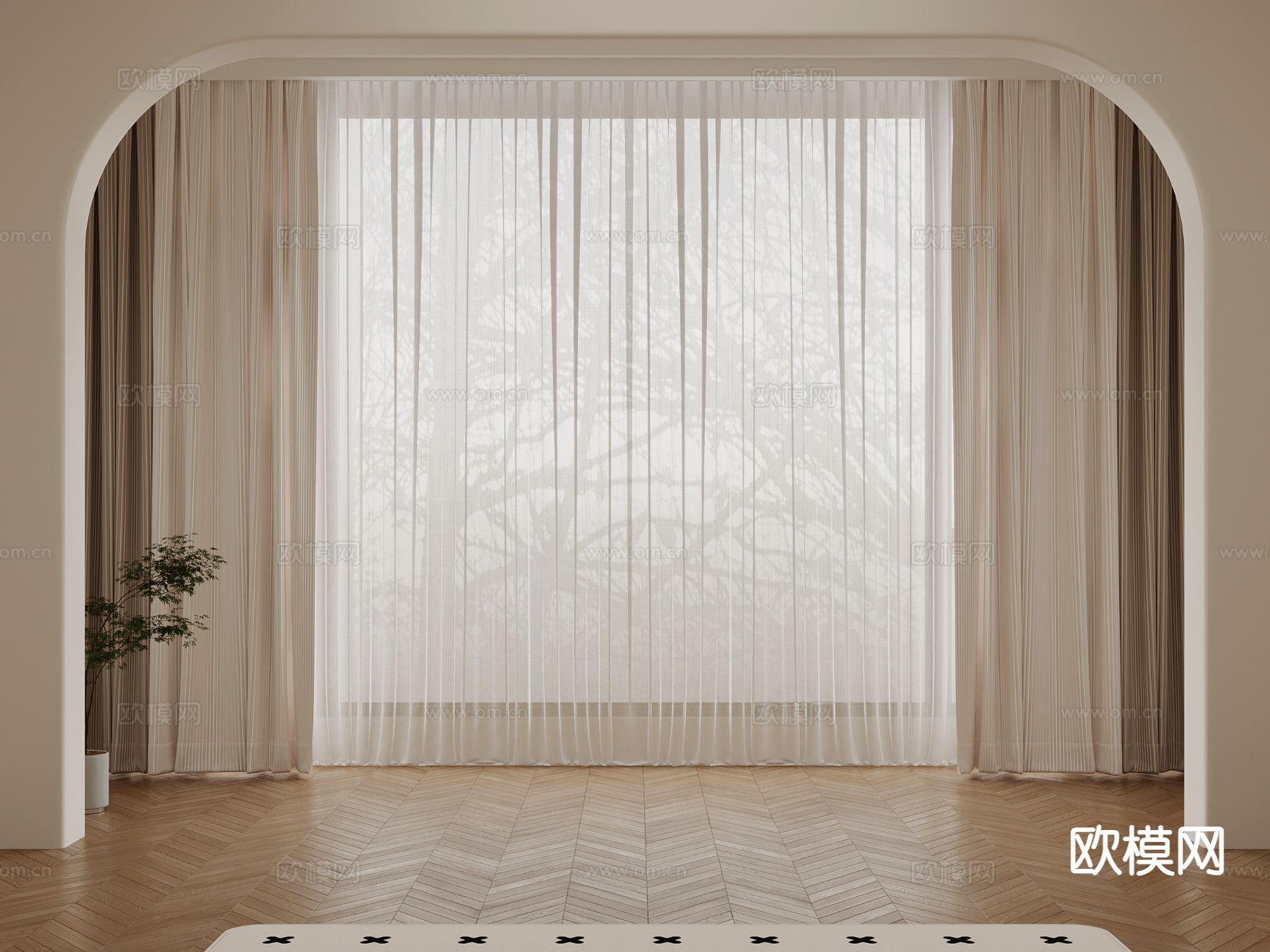 奶油风窗帘 纱帘 窗纱su模型下载（渲染图2）