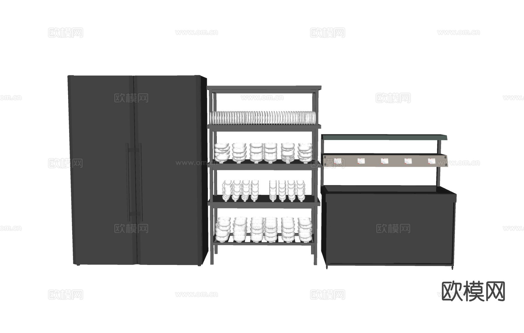 厨房用品 双开门冰箱 碗架 灶台su模型下载（渲染图1）