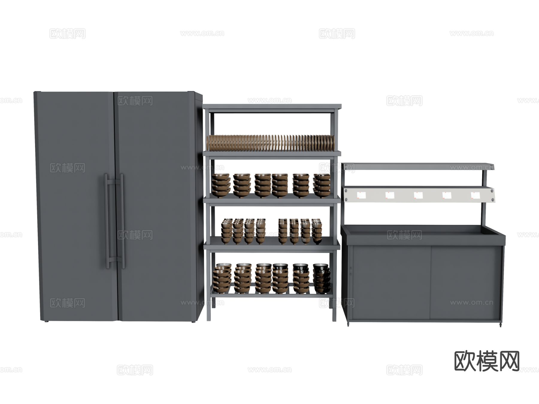 厨房用品 双开门冰箱 碗架 灶台su模型下载（渲染图2）
