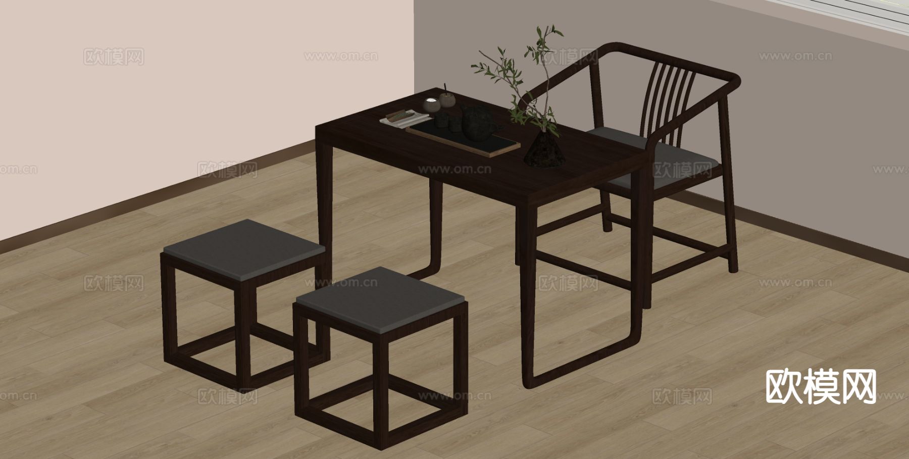 中式茶台 茶桌椅su模型下载（渲染图1）