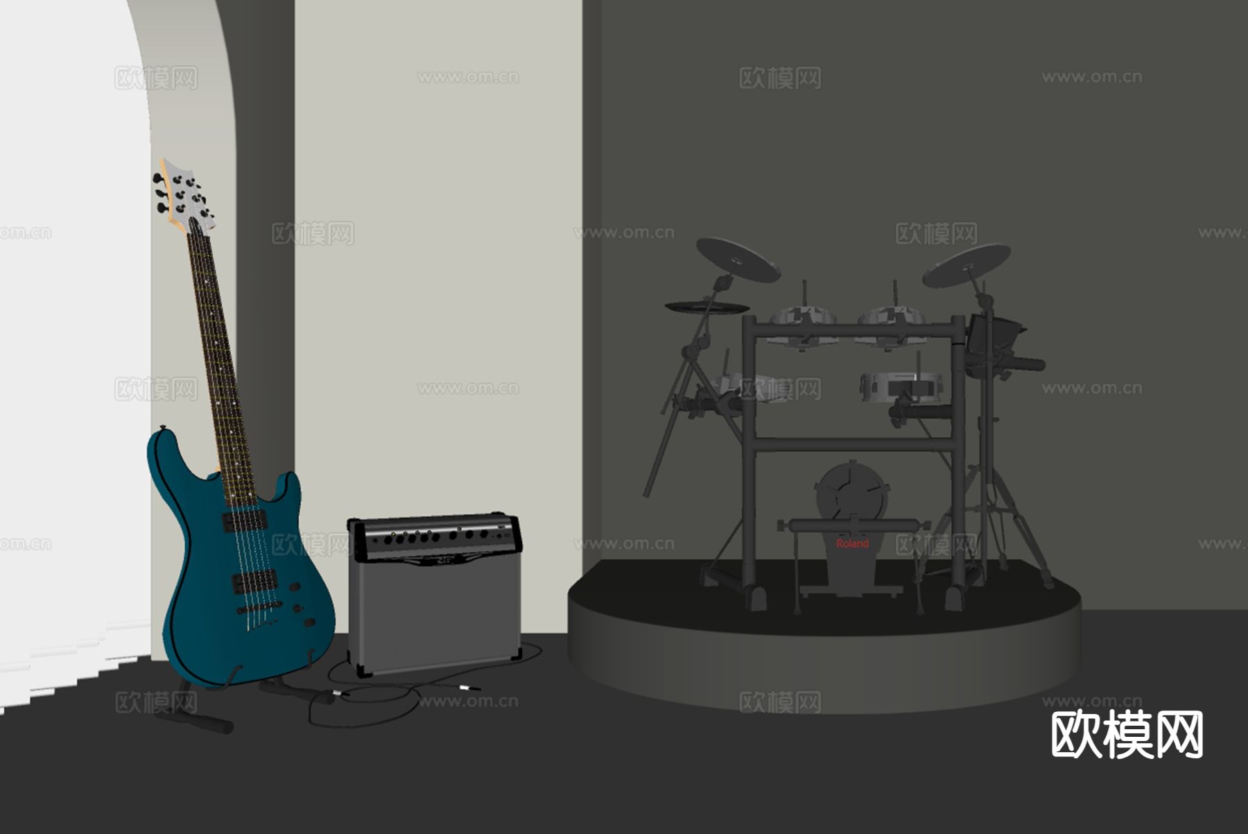 架子鼓 电吉他 音响 乐器su模型下载（渲染图1）