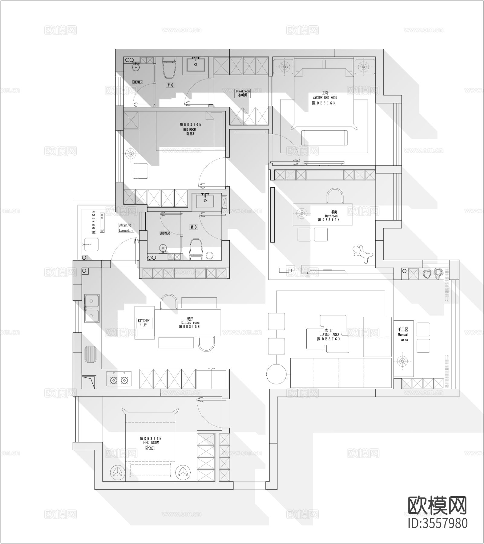 120㎡2+1户型cad平面图下载（渲染图2）