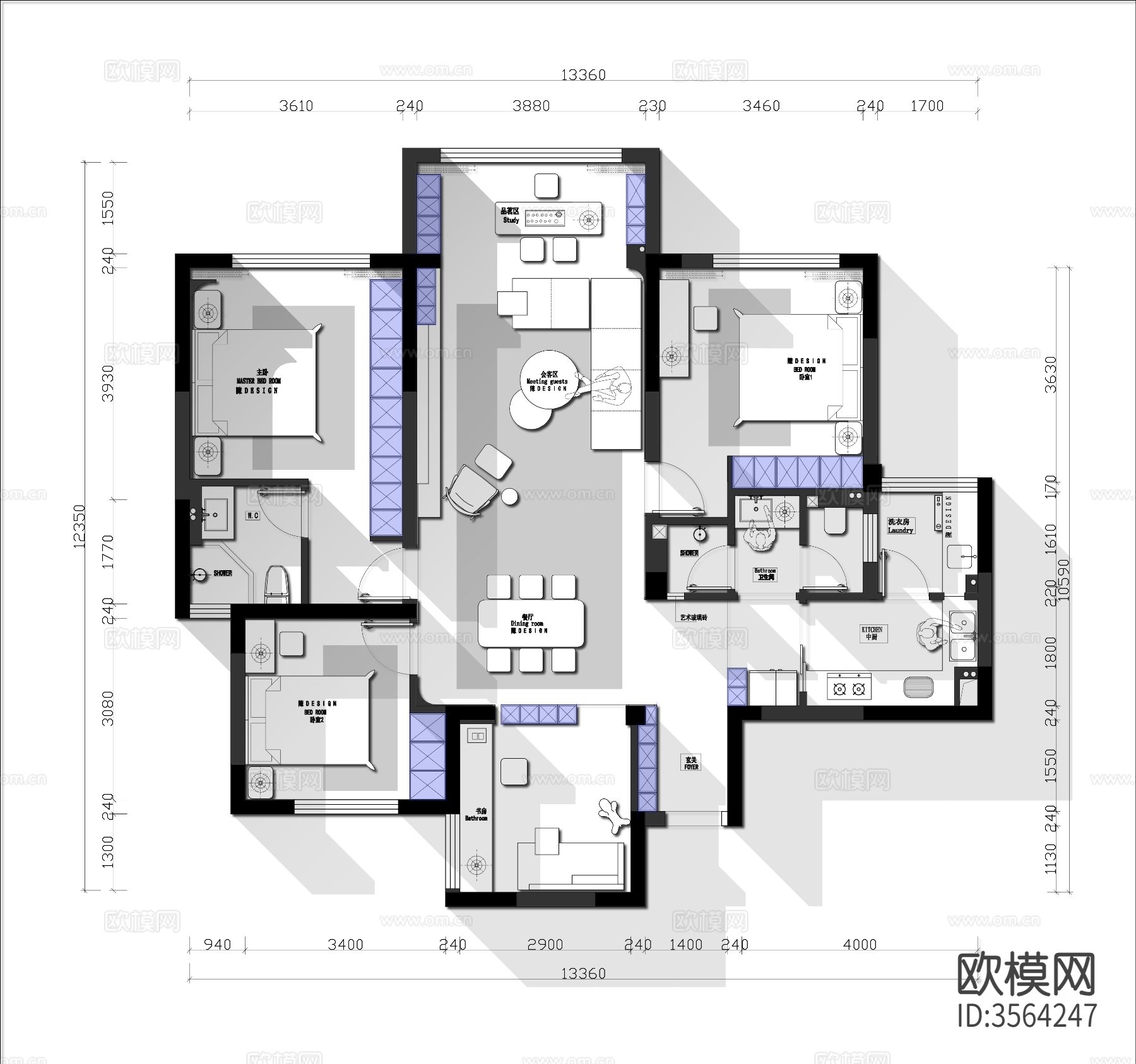127㎡3+1户型CAD平面图下载（渲染图3）