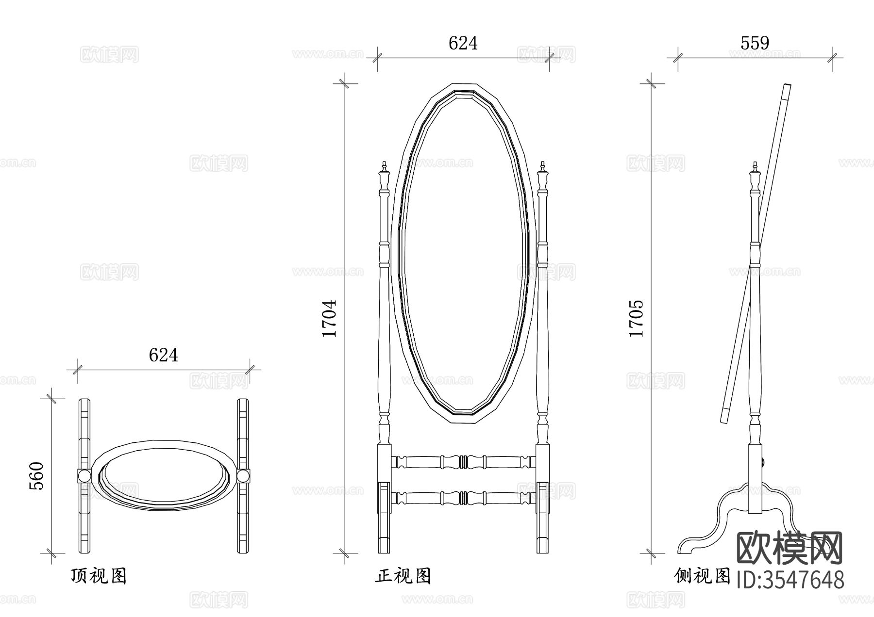 古典实木落地镜cad立面图下载