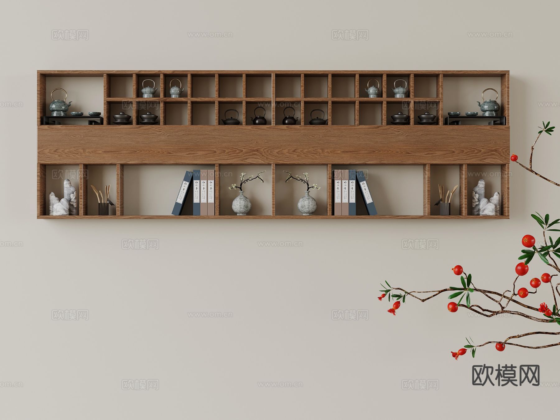 新中式茶柜 壁挂式柜子 木格架su模型下载（渲染图2）