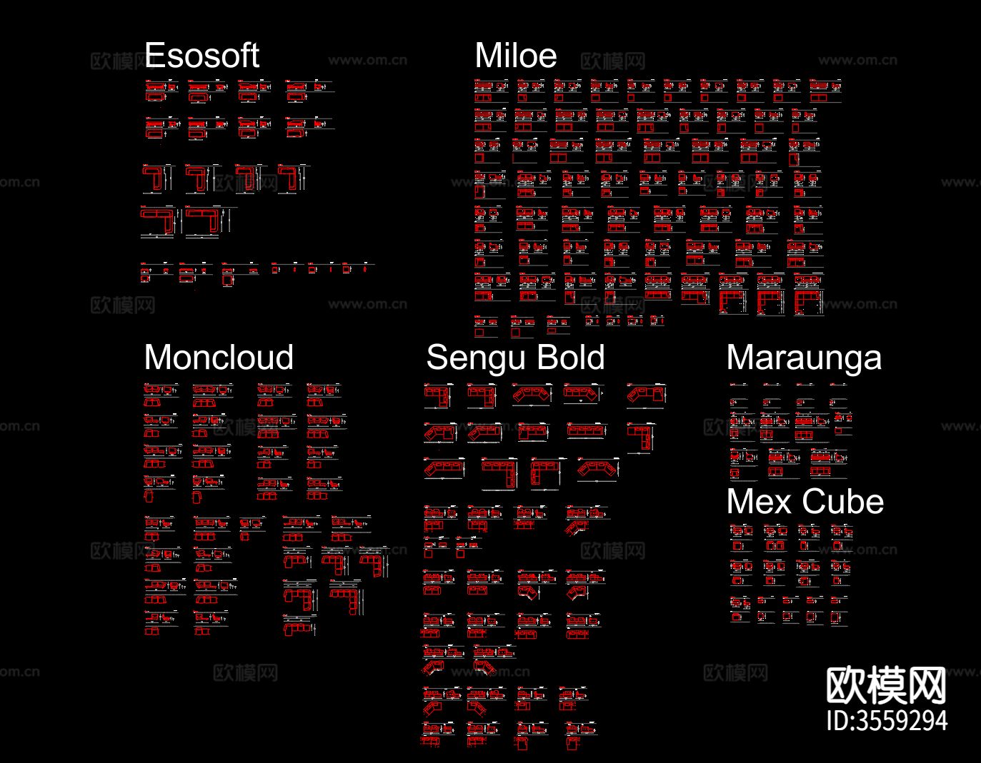 Cassina多人沙发图块 异形沙发图块 花瓣沙发图块cad图库下载（渲染图2）