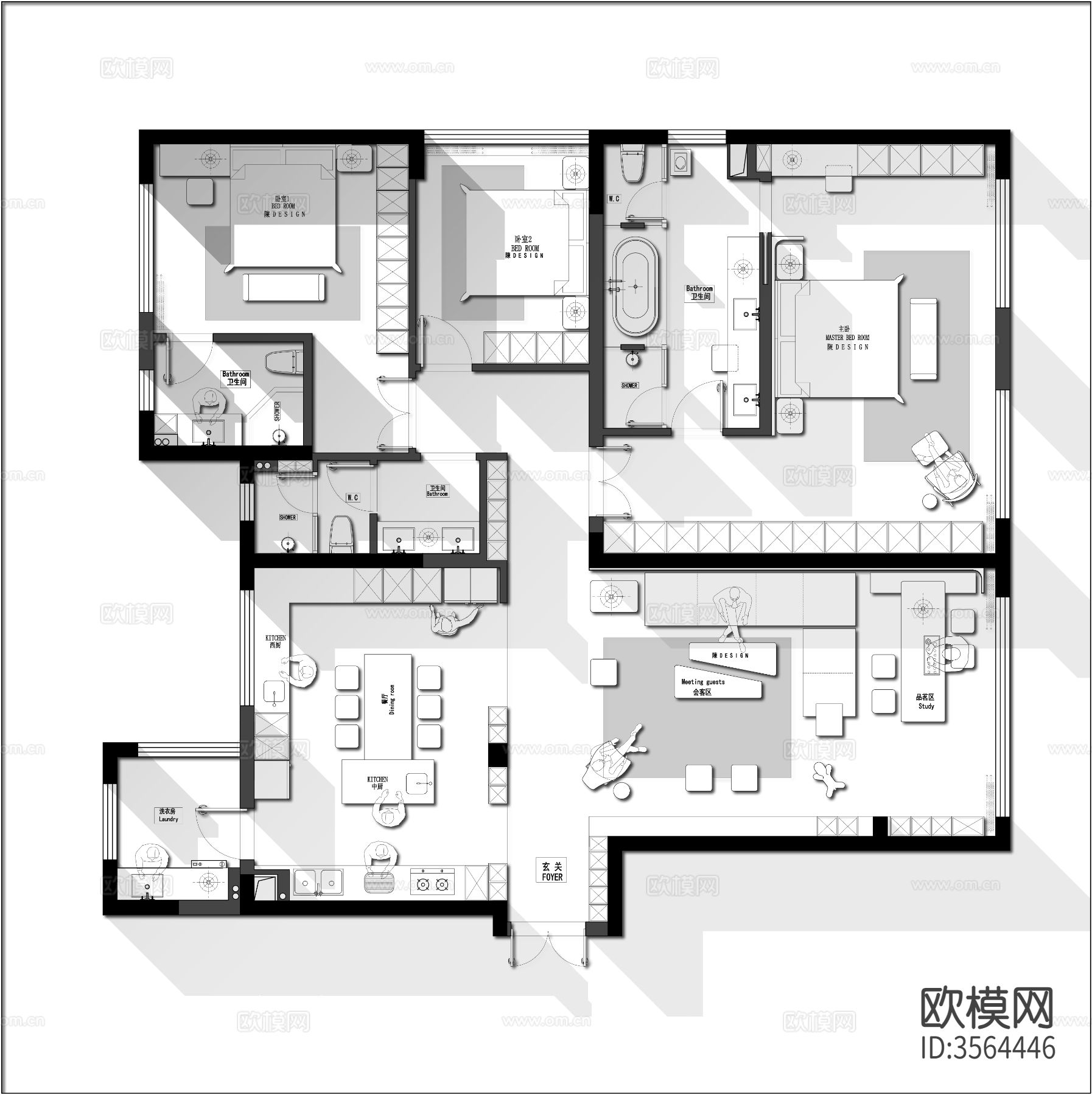 186㎡三房大平层CAD平下载（渲染图2）