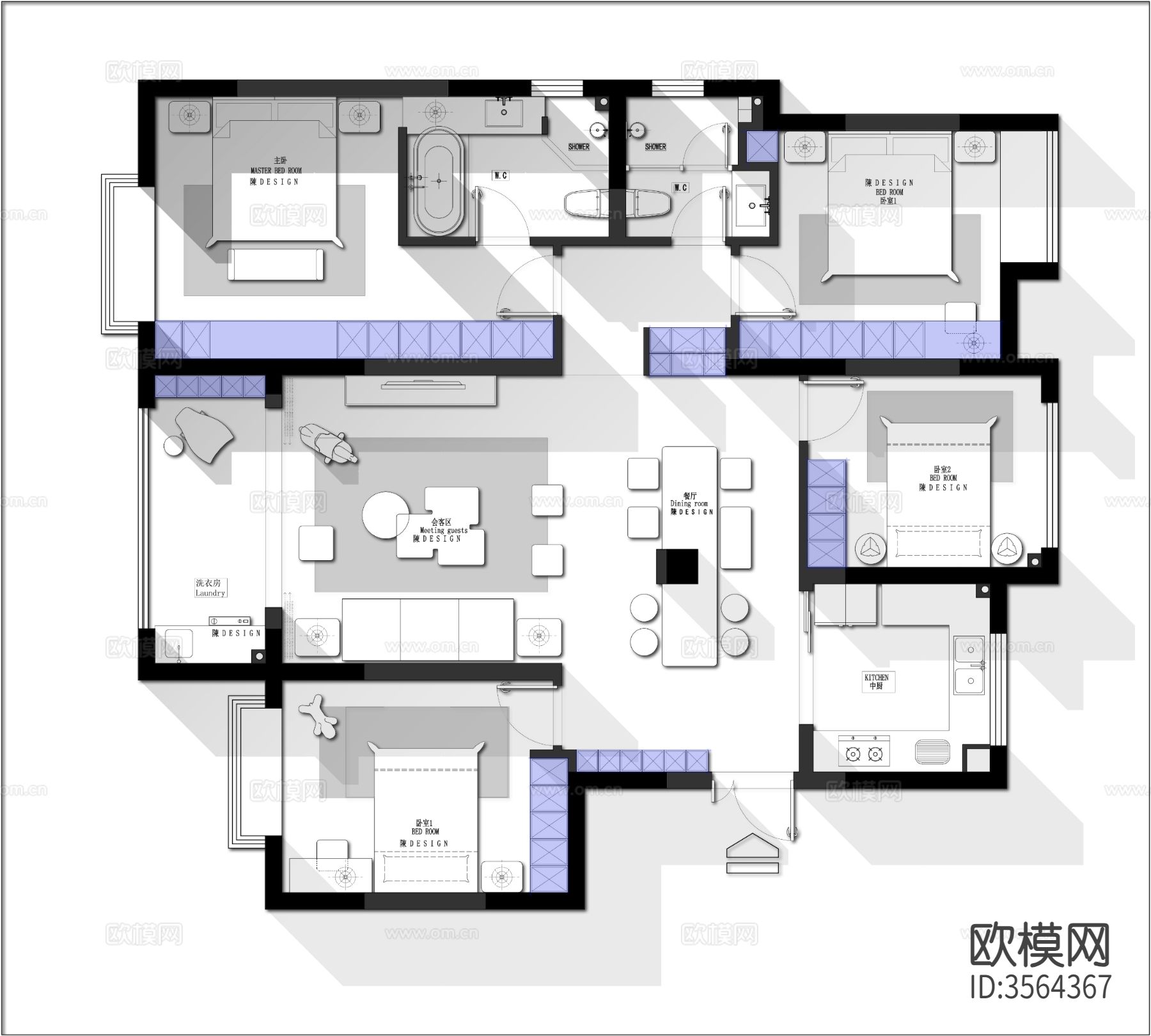 145㎡四房户型CAD平面图下载（渲染图4）