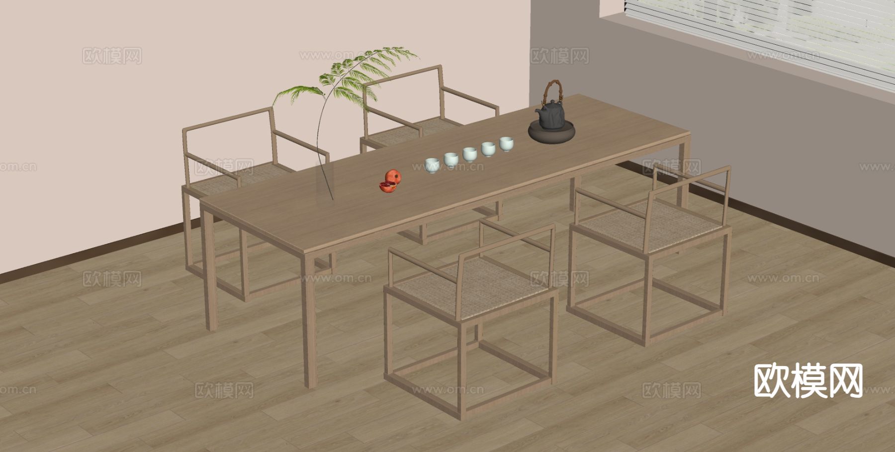新中式茶桌椅 茶台su模型下载（渲染图1）