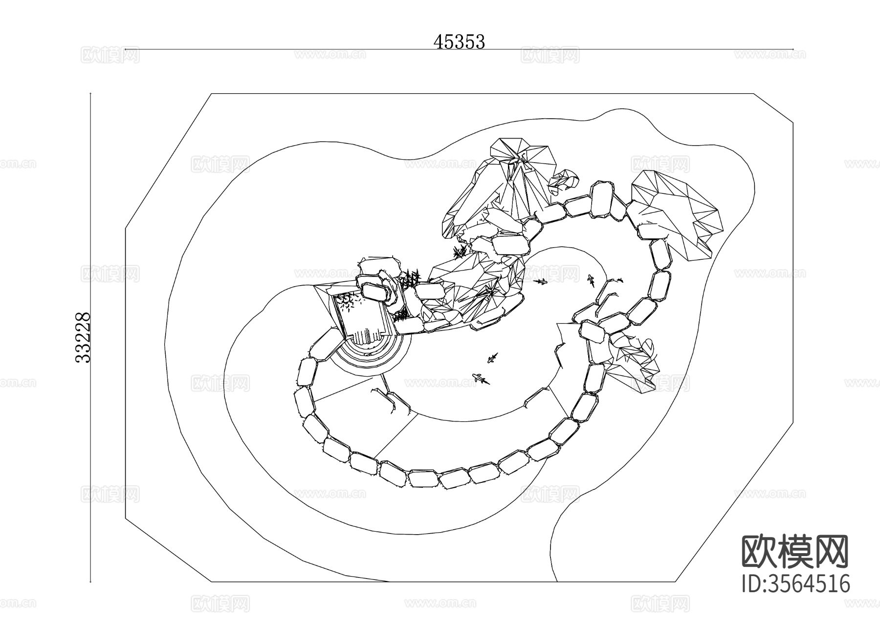 有石头的花园池塘CAD平面图下载