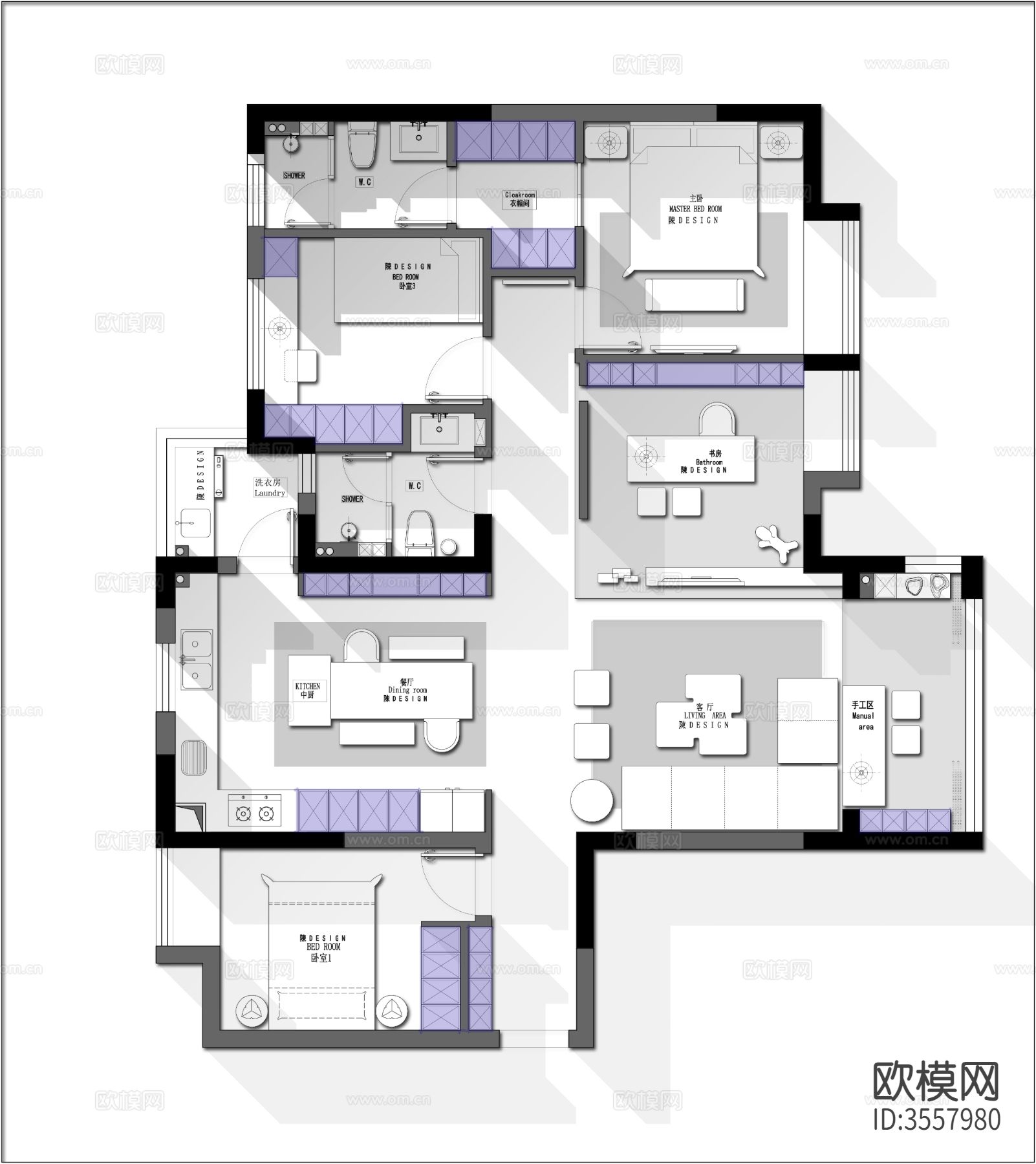 120㎡2+1户型cad平面图下载（渲染图4）