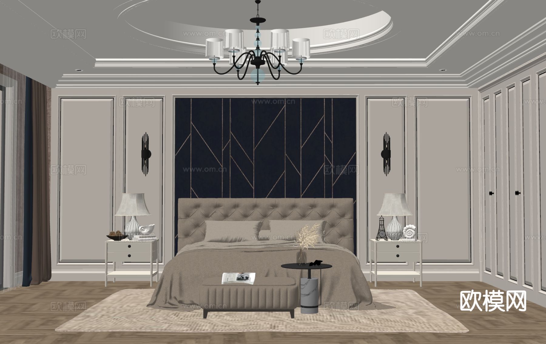 简欧卧室 主卧su模型下载（渲染图1）