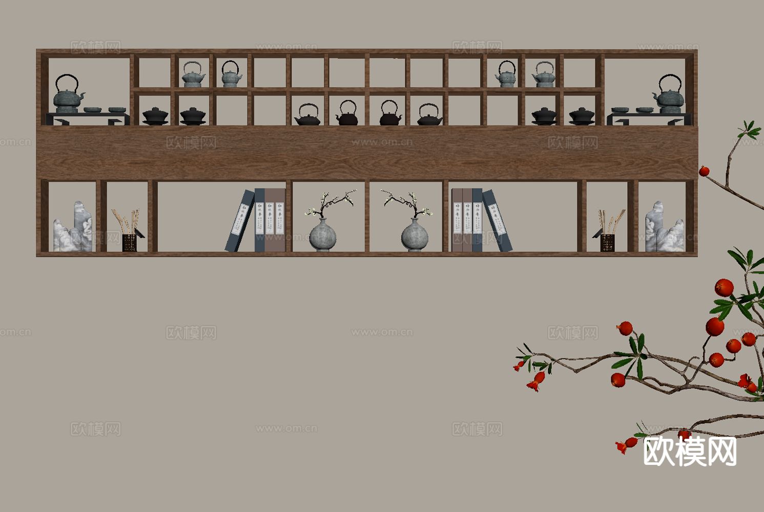 新中式茶柜 壁挂式柜子 木格架su模型下载（渲染图1）
