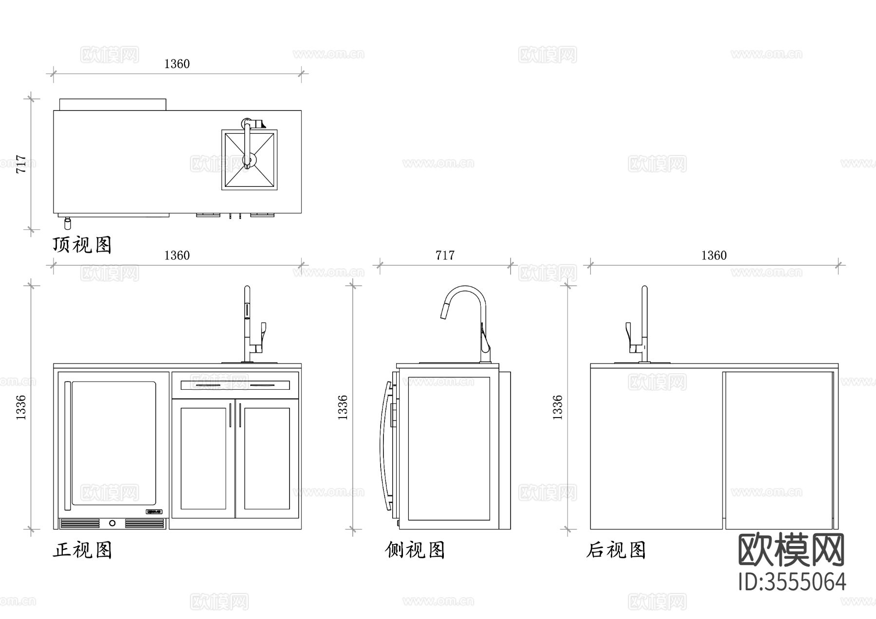 实木厨房岛台四视图下载