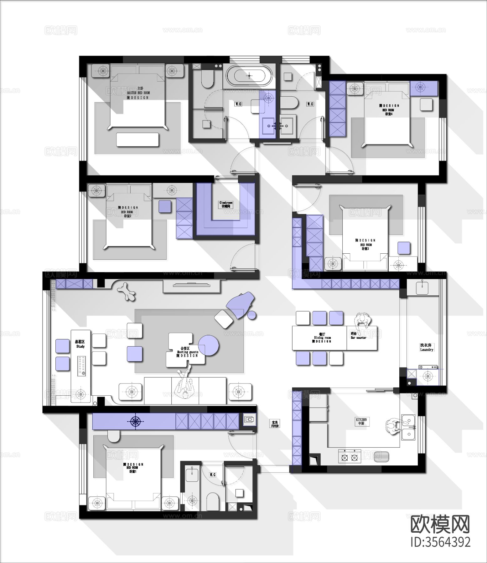 175㎡五房户型CAD平面图下载（渲染图2）