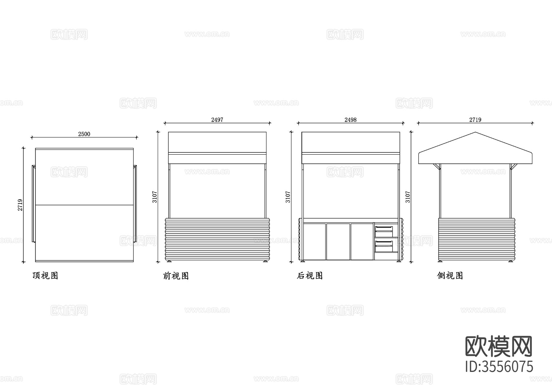 食品市场摊位四视图cad大样图下载