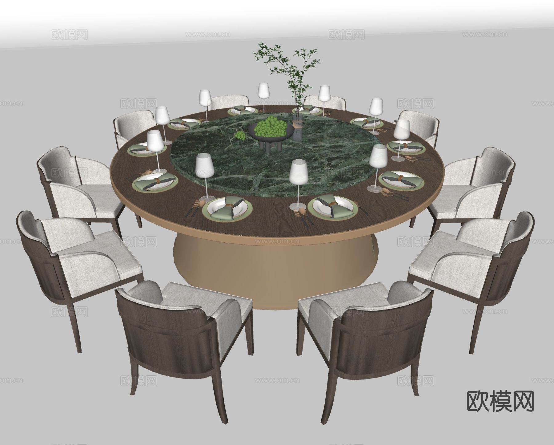 新中式圆形餐桌椅su模型下载（渲染图1）