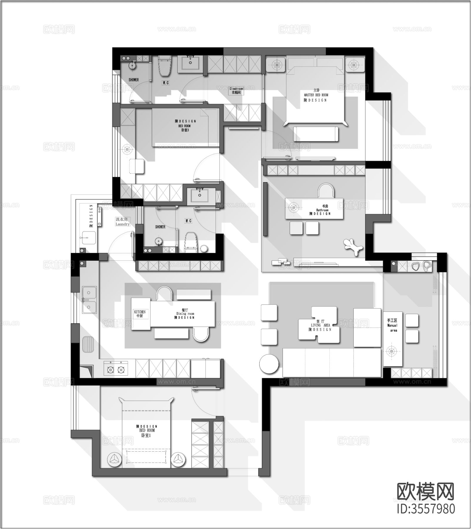 120㎡2+1户型cad平面图下载（渲染图3）