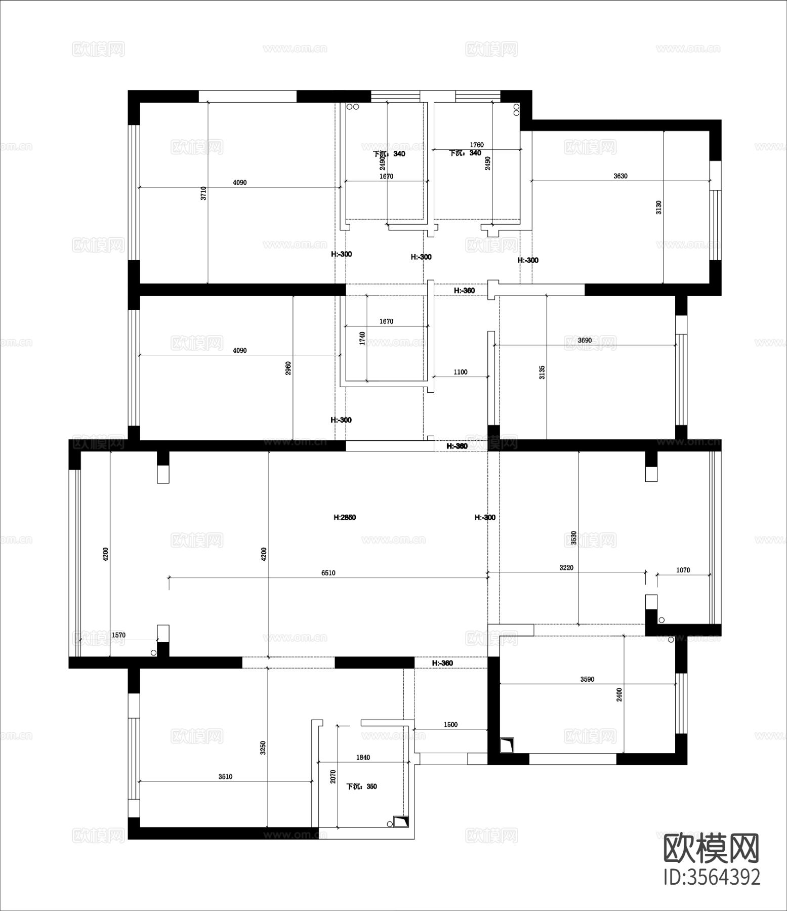 175㎡五房户型CAD平面图下载（渲染图1）