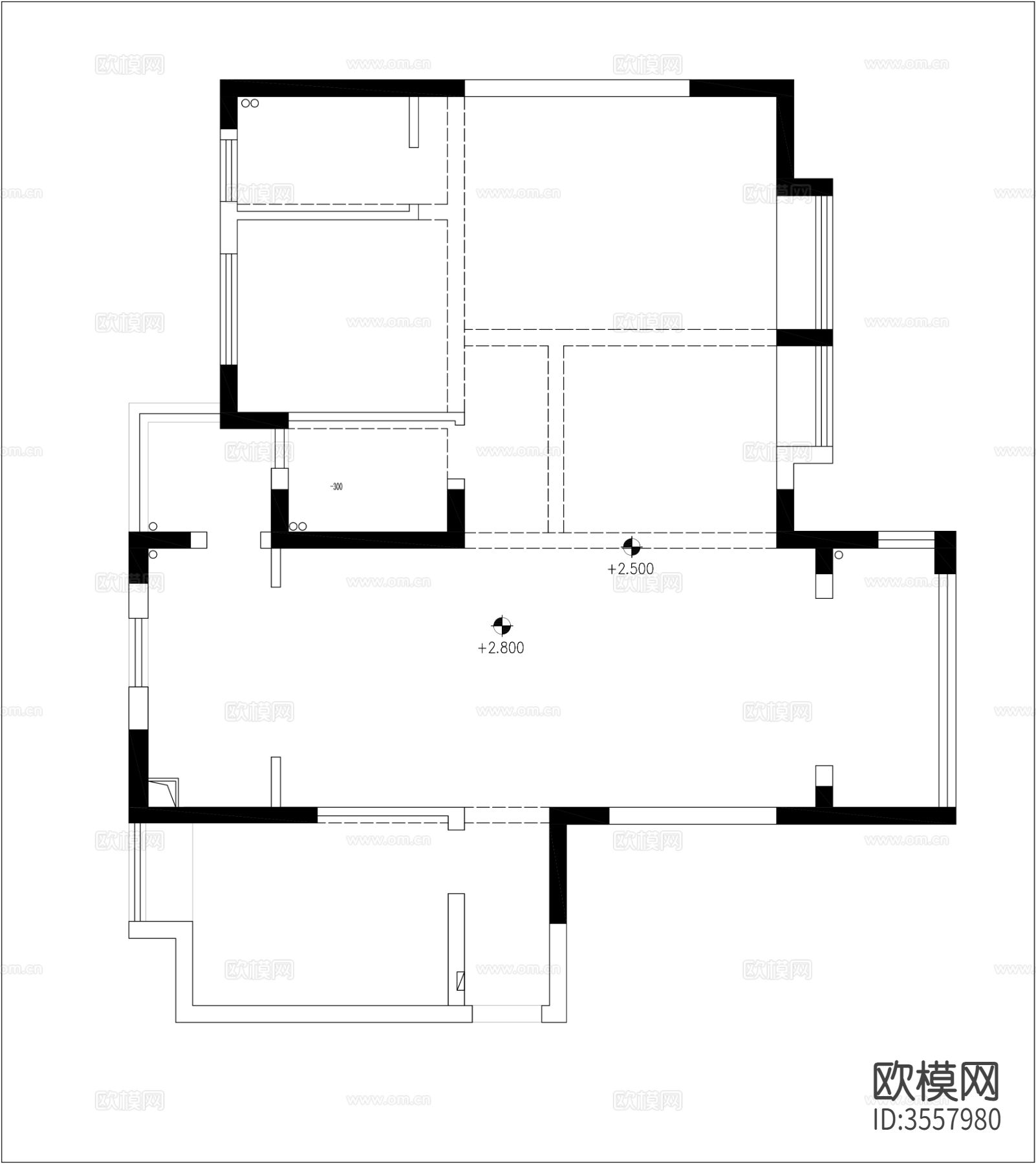 120㎡2+1户型cad平面图下载（渲染图1）