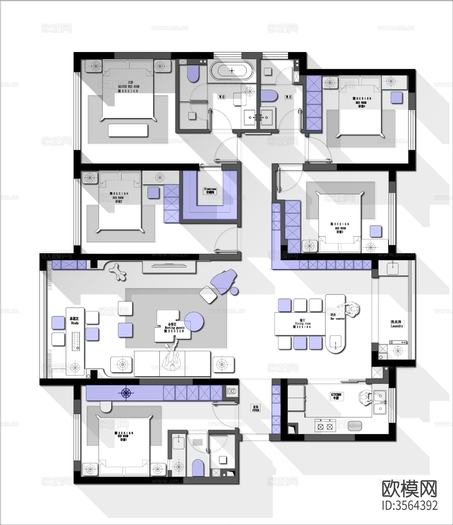 175㎡五房户型CAD平面图下载（渲染图3）