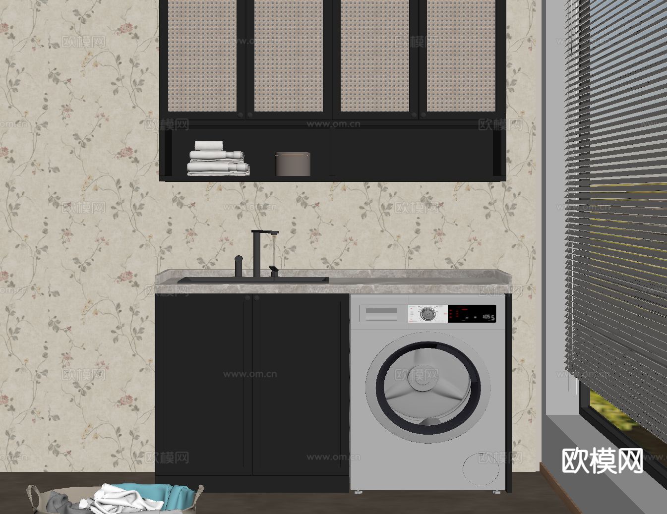 法式复古风洗衣机柜 阳台柜su模型下载（渲染图1）