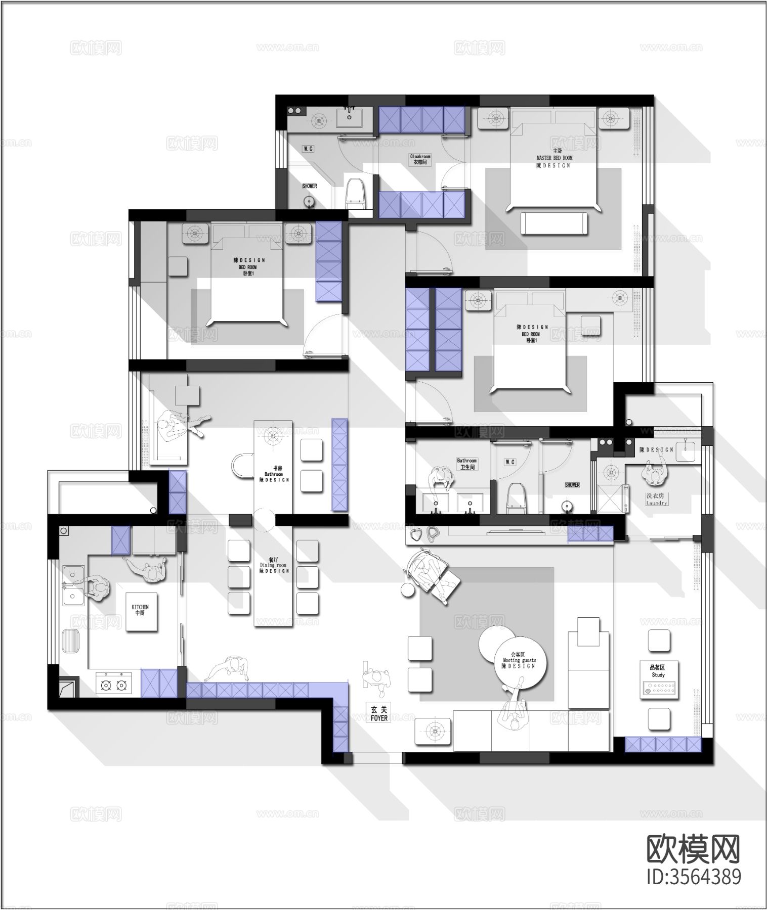 156㎡3+1户型CAD平面图下载（渲染图2）