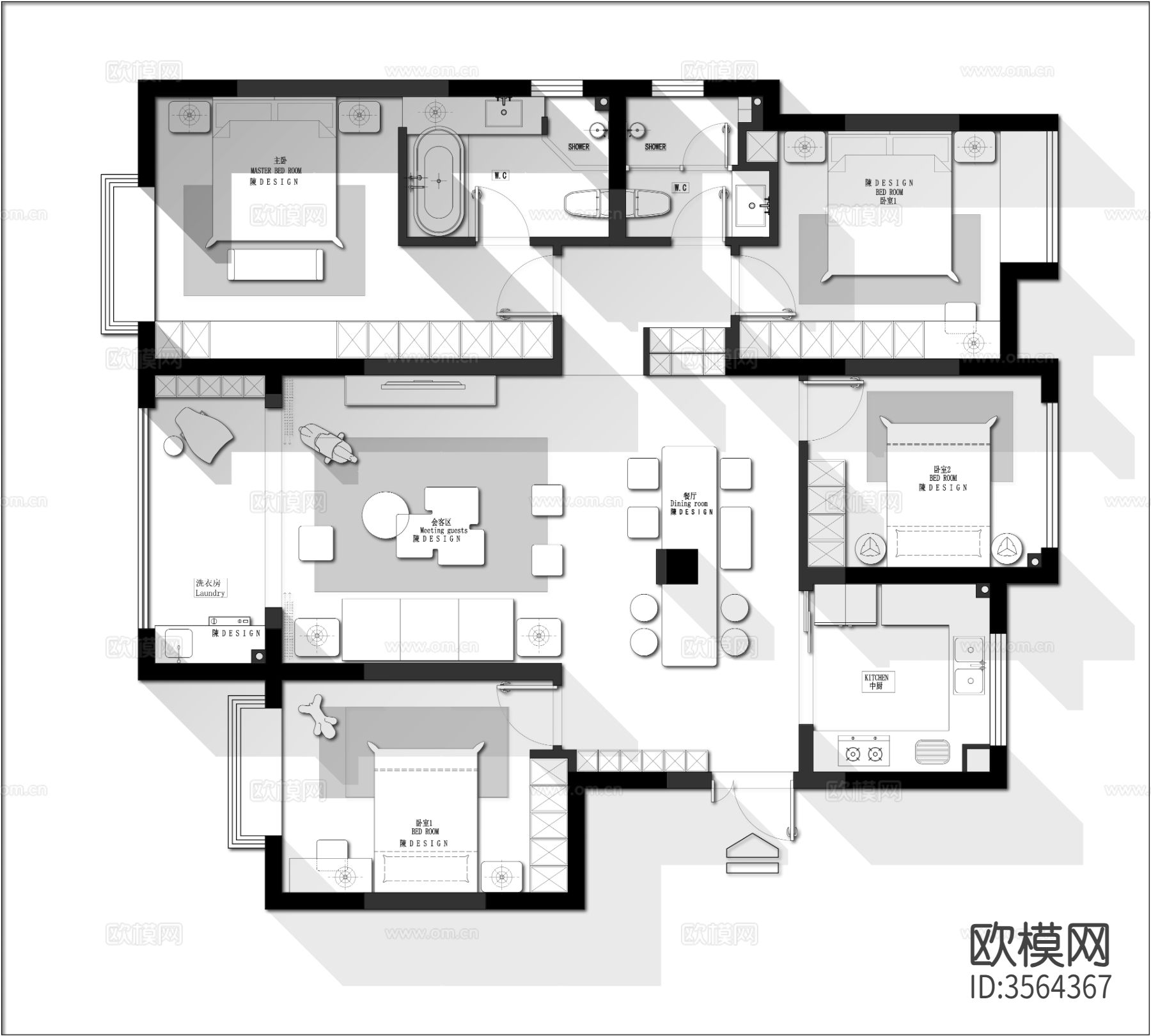 145㎡四房户型CAD平面图下载（渲染图3）