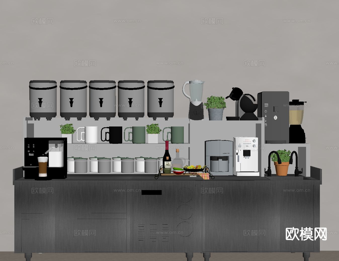 奶茶店炒作台 咖啡机 冷饮机su模型下载（渲染图1）
