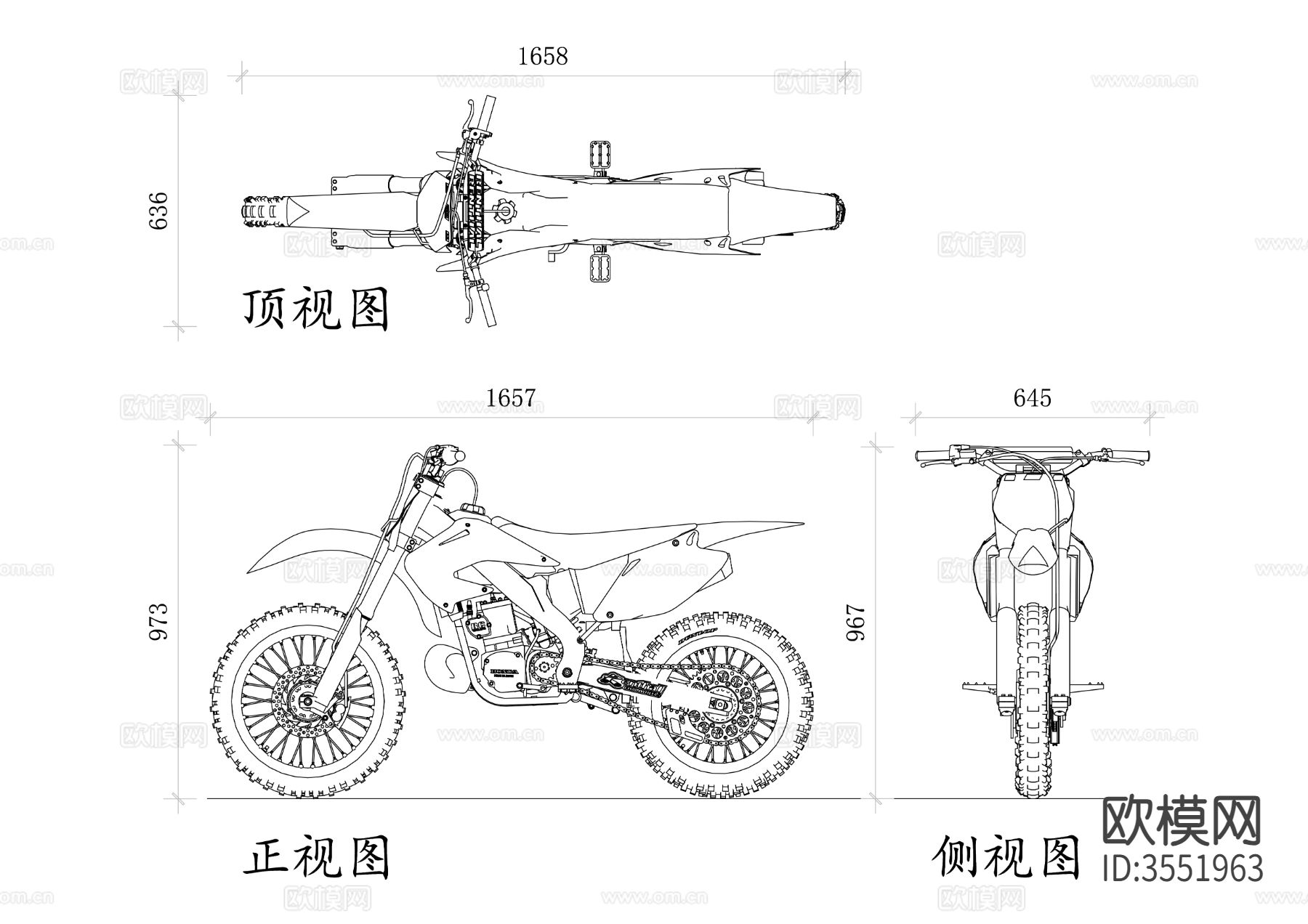 两轮越野摩托车cad立面图下载