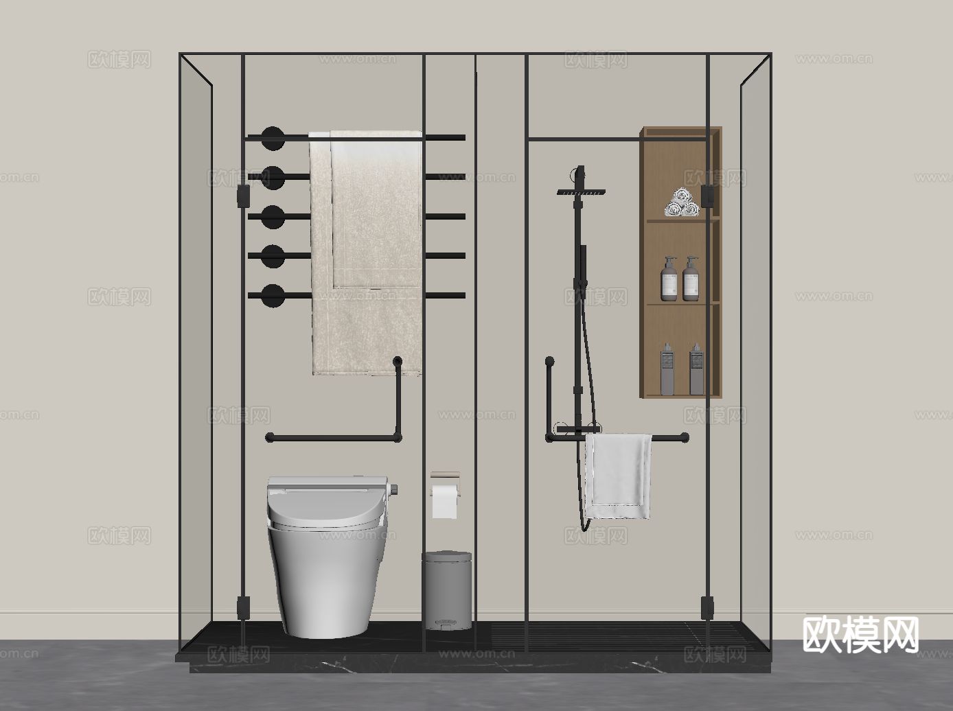 现代淋浴房 花洒 隔断 马桶su模型下载（渲染图1）